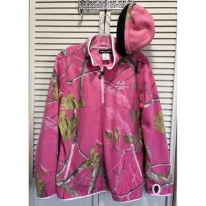 Realtree Pink/Green Pullover Long Sleeve Fleece Size XL APC 1/4 Zip Beanie